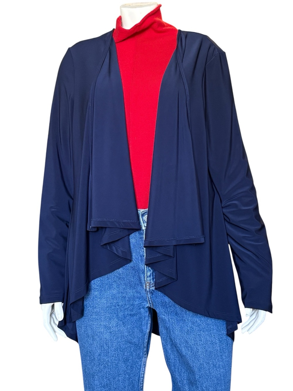 Compli K Navy Jersey Waterfall Cardigan Open-Front Draped Size XL Made In Canada